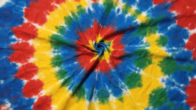Vibrant tie dye background with a repeating spiral pattern in primary colors. Colorful abstract textile texture reminiscent of 60s and 70s hippie culture. Wide panoramic banner