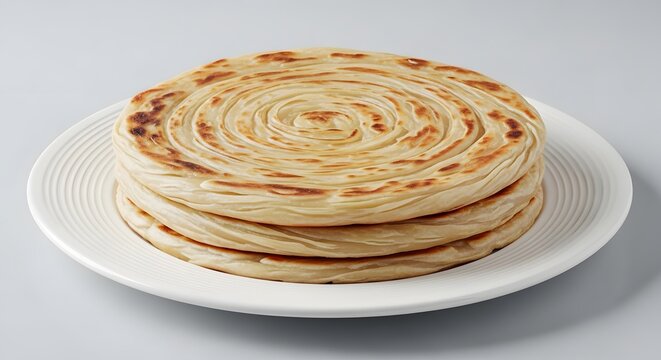 Stack of crispy golden brown lachha paratha on a white plate