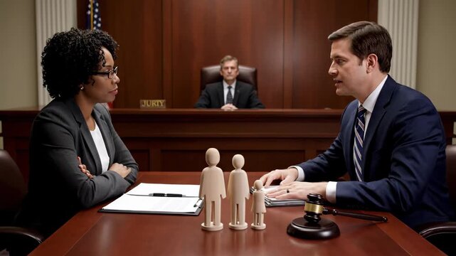 Black female and white male lawyers discussing a family law case in a courtroom. Attorneys use wooden figures to represent parents and a child during a custody dispute or divorce
