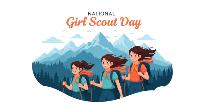 Illustration of three young girls in scout uniforms hiking with trekking poles on National Girl Scout Day with a scenic mountain background.