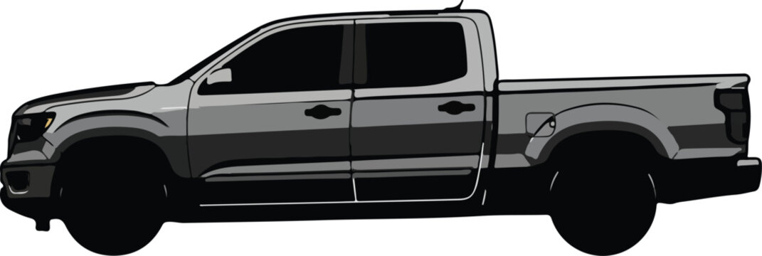 Side profile vector illustration of a modern grey four-door pickup truck with a spacious bed, designed for heavy-duty transport.