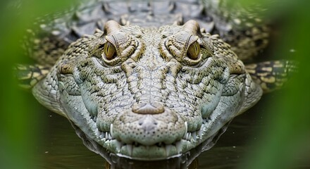 Fototapeta premium Closeup of a crocodiles face in the water with green leaves
