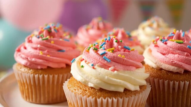 Rows of festive birthday cupcakes with pink and white buttercream frosting. Delicious dessert decorated with colorful sprinkles for a party celebration or bakery web banner