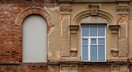 Fototapeta premium Dilapidated Building Facade with Arched Window and Brick Wall, Architectural Detail, Urban Decay Photography, Restoration Project Mockup