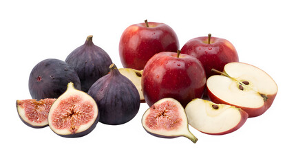 A vibrant assortment featuring fresh, whole, and sliced dark purple figs alongside shiny red apples with water droplets on transparent background. on transparent background