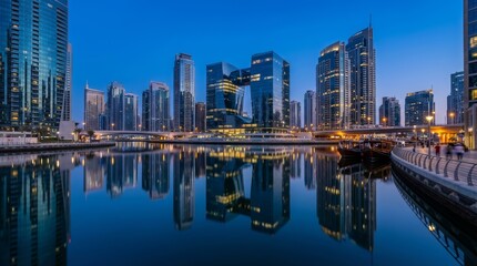 Obraz premium Dubai City Skyline And Modern Skyscrapers Reflected In Waterfront Canal At Blue Hour With Illuminated Evening Lights