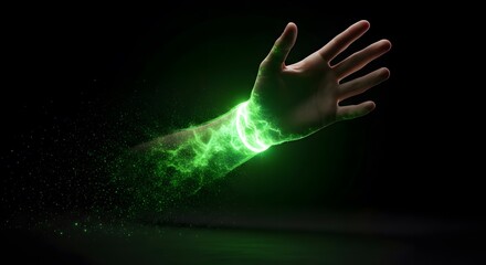 Fototapeta premium A hand with green glowing particles emanating from the wrist on a dark background