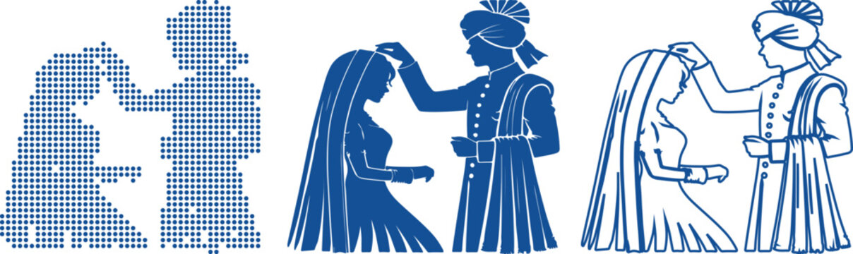 Indian wedding couple silhouette in three styles on white background bride groom