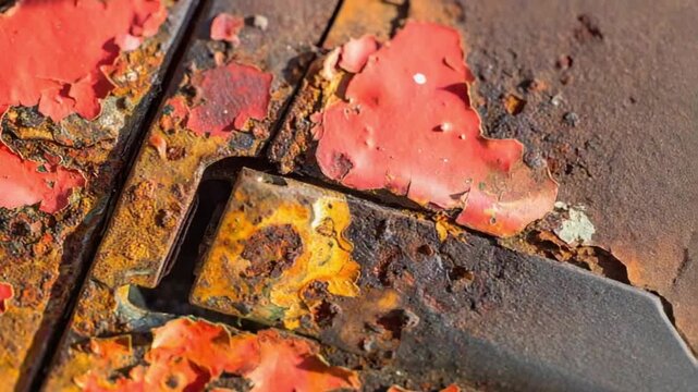 Close-up of old rusty metal with vibrant peeling red paint texture