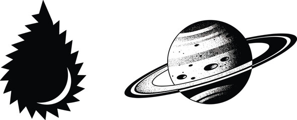 Abstract space and nature illustration set, Saturn planet engraving and black organic shape, minimal retro cosmic design elements © IMRAN KHAN