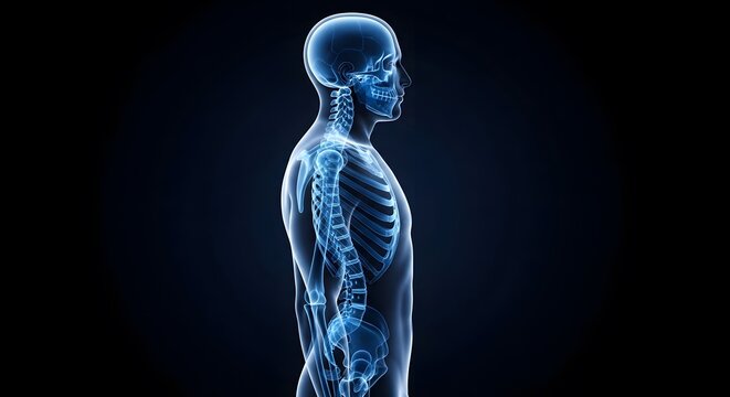 A glowing blue transparent human body showing internal skeleton on dark background