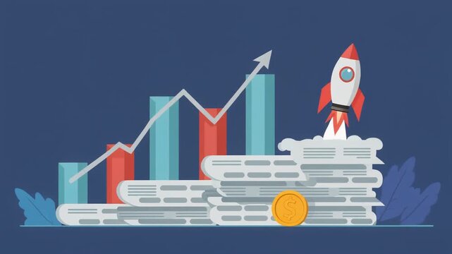 Colorful business growth chart with rocket launch illustration