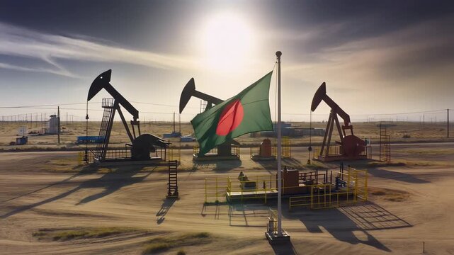 Bangladesh Flag Waving with Oil Pumps in Desert Landscape.