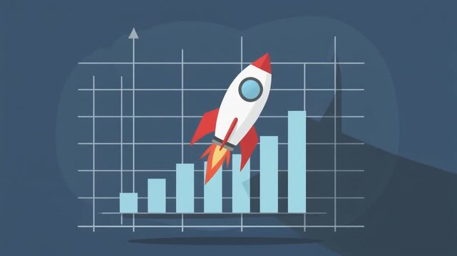 Rocket ship launching upwards on a bar graph chart illustration