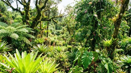 Vibrant Lush Green Tropical Rainforest with Dense Foliage, Bromeliads, and Moss Covered Trees
