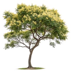 Fototapeta premium Lush flowering acacia tree with bright yellow blossoms and intricate green leaves, isolated on a white backdrop, perfect for botanical and nature themes