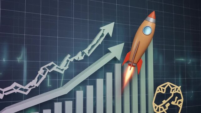 Colorful illustration of rocket launching upwards on growing bar chart