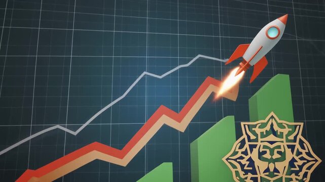 Rocket ship launching upwards on a graph with increasing trend line an