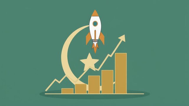 Golden rocket ship launching over crescent moon and star with bar grap