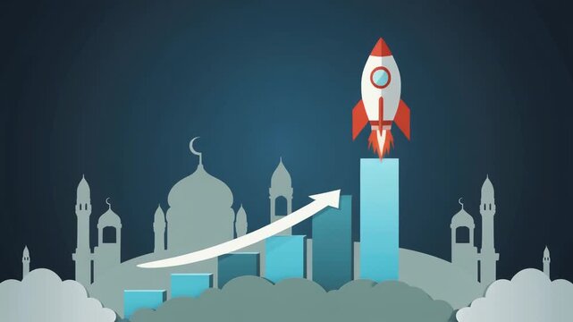 Rocket ship launching into sky with cityscape and upward arrow
