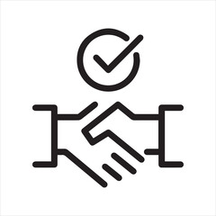 Conclusion agreement, partnership deal thin outline icon. Minimalist line sign two hands in hand shake and check mark. Vector isolated pictogram perfect for web and app or infographic editable stroke.