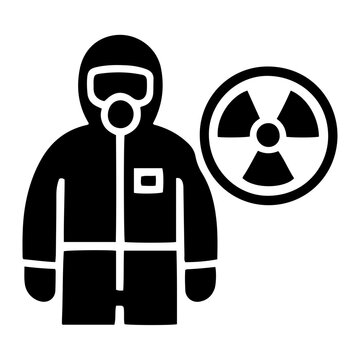 Person in protective suit and gas mask standing near radiation symbol during war zone operation
