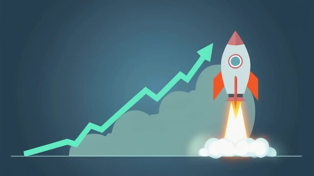 Rocket ship launching upwards with green growth chart line