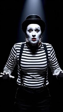 Mime performer with white gloves under spotlight on dark stage
