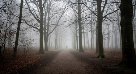 Fototapeta premium Serene Misty Forest Path in Autumn with Bare Trees and Foggy Atmosphere