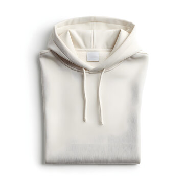Folded white hoodie with drawstrings.