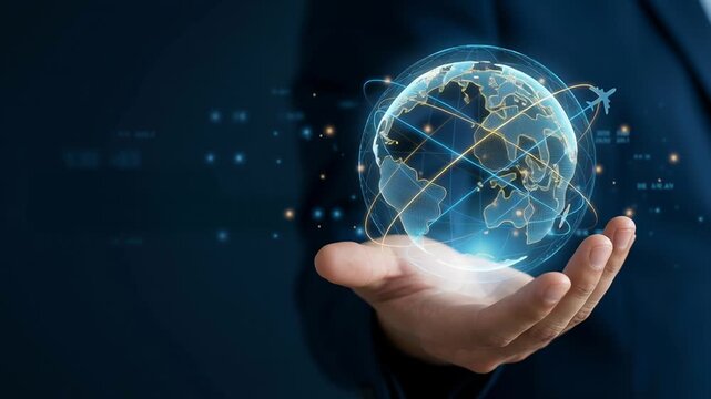 Digital global business journey travel vacation work trip concept with hand holding earth globe and airplane flying around in sky