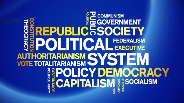 Political System animated word cloud-text design animation tag kinetic typography seamless loop.