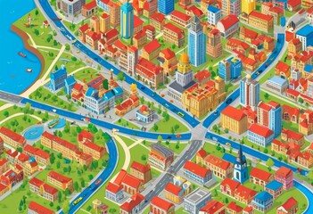 Fototapeta premium Bird's Eye View Illustration of a European Style Town with Red Roof Buildings