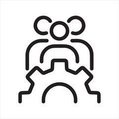 Team training, teamwork development, crm system outline icon. Line sign group of three people with a gear. Vector isolated pictograms for web on white background editable stroke.