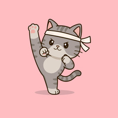 Fototapeta premium A dynamic vector illustration of a martial arts cat mascot performing a powerful high kick.