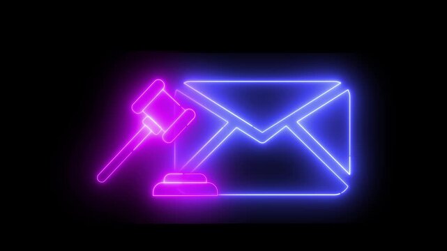 An animation with a neon light effect featuring an icon of a mailing envelope with a judge's gavel.
