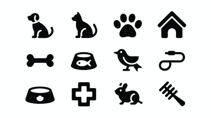 Minimalist vector icons of pets and pet care on white background