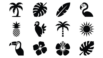Tropical graphic design elements featuring palm trees exotic birds and floral motifs in black silhouette on white background for summer and travel themes © Tuli