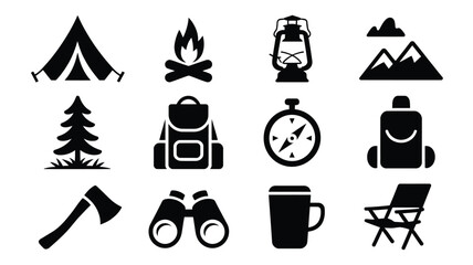 Camping outdoor silhouette logo bundle with tent fire lantern mountains tree backpack clock axe binoculars coffee chair on white background for travel and adventure themes © Tuli