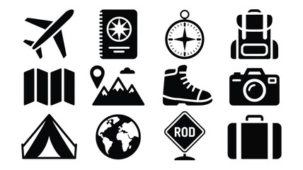 Travel and adventure icons set including airplane compass backpack tent and camera on white background for design and travel concepts © Tuli