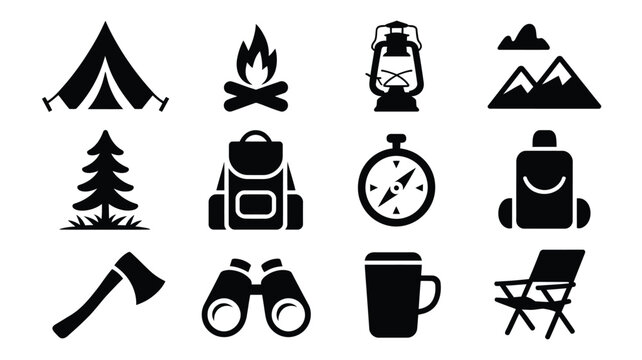 Camping outdoor silhouette logo bundle with tent fire lantern mountains tree backpack clock axe binoculars coffee chair on white background for travel and adventure themes