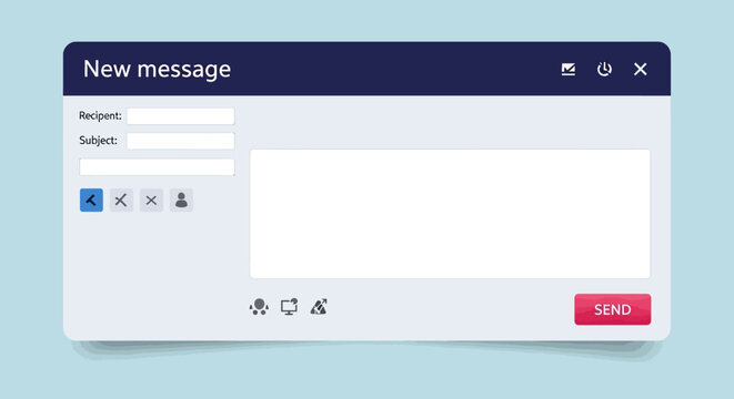 Screenshot of a computer screen displaying a new message window with a dark blue header and a red send button on a light blue background.