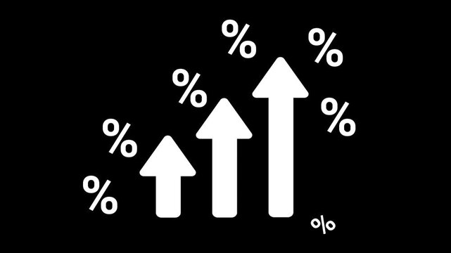 White arrows rise upward surrounded by percentage symbols. Simple graphic shows growth and increase. Ideal for charts, reports, or financial visuals.