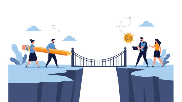 Man and woman carrying a massive yellow pencil towards a suspension bridge connecting two steep cliffs, symbolizing creative collaboration and education.