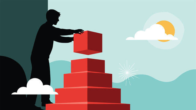 Man in silhouette carefully placing the final red block onto a pyramid stack to represent the completion of a project or goal at sunset.