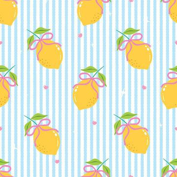 Cute Lemon with Pink Bows Seamless Pattern Background