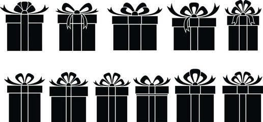 Set of eleven black gift box silhouettes with various ribbon bows and decorative wrapping styles for holiday celebrations and greeting cards. © Abdul