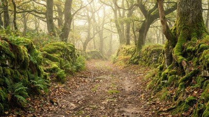 Fototapeta premium Winding Forest Path Through a Misty Woodland with Ancient Moss-Covered Trees and Lush Stone Walls