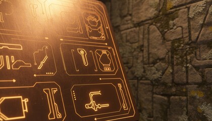 Glowing Futuristic Control Panel With Abstract Symbols Against Ancient Stone Wall