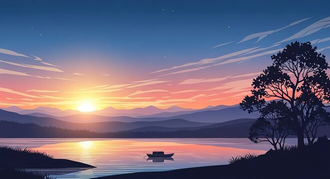 Serene lake landscape at dusk with a lone boat and tree silhouette.